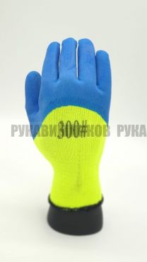 Перчатки акриловые утепленные с 3/4 латексным покрытием, (лимон/синий) картинка