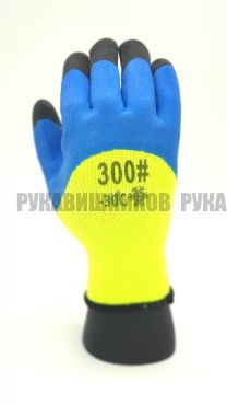 Перчатки акриловые утепленные с 3/4 латексным покрытием (+пальцы), (лимон/синий) фото